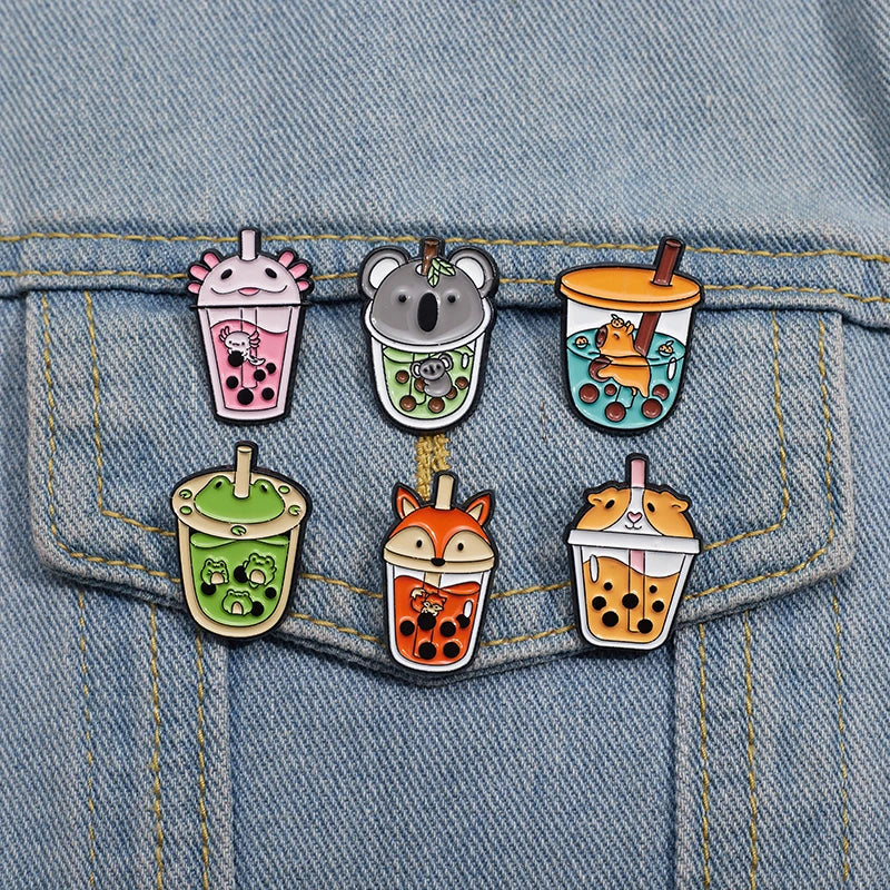 Cute Animal Bubble Tea Enamel Pins Metal Lapel Brooch